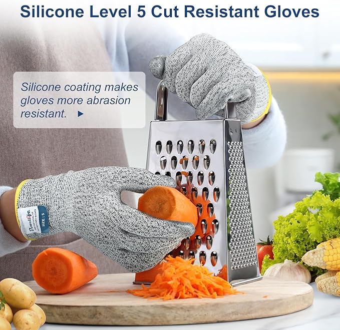 Dowellife Level 5 Cut Resistant Gloves with Silicone Coating, Food Grade Kitchen Knife Safety Gloves, Work Gloves for Chef, Mandoline Oyster Shucking Meat Cutting Wood Carving (Gray Large), Grey