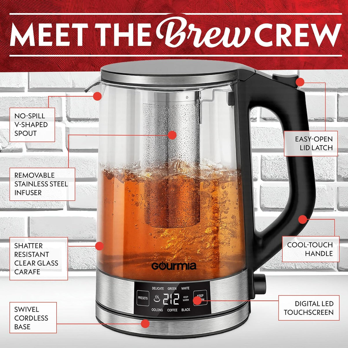 Gourmia Programmable Digital Glass Kettle – 1.7L Adjustable Temperature Electric Kettle with 6 Presets, Keep Warm, Stainless Steel Tea Infuser