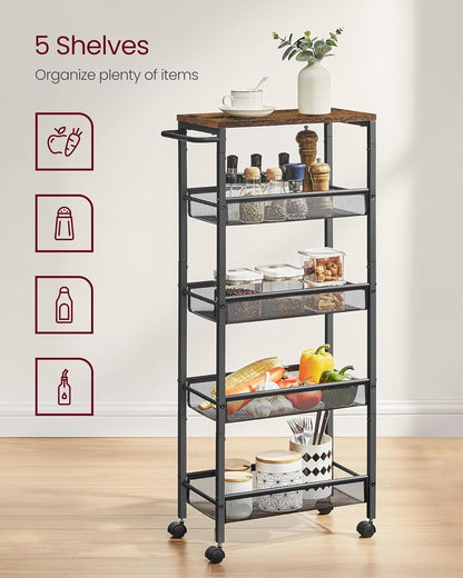 VASAGLE Slim Rolling Cart, 5-Tier Storage Cart, Narrow Cart with Handle, 8.7 Inches Deep, Metal Frame, for Kitchen, Dining Room, Living Room, Home Office, Rustic Brown and Classic Black ULRC035B01
