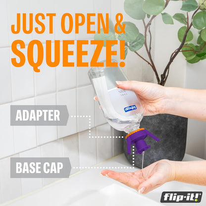 Flip-It! 1-Pack Bottle Emptying Kit – No More Wasted Product - Fits Most Plastic Bottles – Get Out Every Drop of Shampoos, Lotions, & More – 1 Base Cap, 3 Adapters – Bright Color Edition