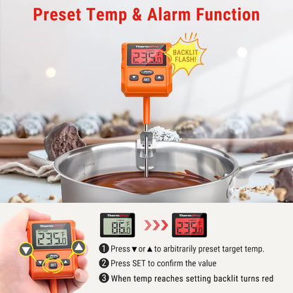 ThermoPro TP511 Digital Candy Thermometer with Pot Clip, Programmable Instant Read Food Meat Thermometer with 10'' Long Probe for Smoker Baking