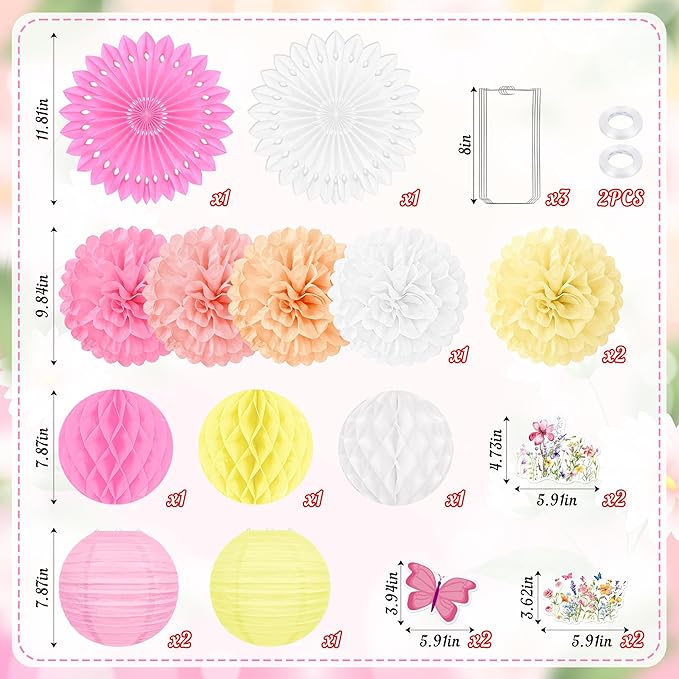 20pcs Spring Wildflower Party Decorations – Hanging Paper Fans, Pom Poms, Lanterns for Fairy Birthday, Garden Tea Party, Wedding Floral Decor, Baby in Bloom Shower