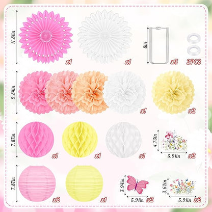 20pcs Spring Wildflower Party Decorations – Hanging Paper Fans, Pom Poms, Lanterns for Fairy Birthday, Garden Tea Party, Wedding Floral Decor, Baby in Bloom Shower