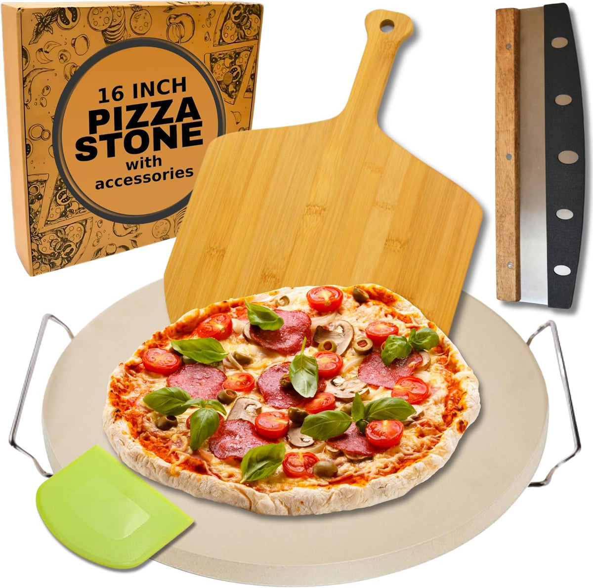 Large Pizza Stone for Oven 16 inch - Round Pizza Stone for Grill with Handles, Wood Pizza Peel and Cutter Set - Baking Stone for Bread