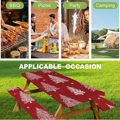 ANNA QUEEN 6FT Red Christmas Tree Picnic Table Cover Set 3PCS 72"x30", Waterproof Outdoor Bench and Tablecloth Furniture Protection for Camping Beach BBQ Patio Backyard