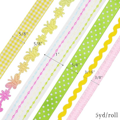 LaRibbons Spring Ribbons for Crafts, Assorted Multi-Color Ribbons 5 Yards Each for Spring Crafts, Gift Wrapping, DIY Bows, Floral Arrangements, Party Decorations, Scrapbooking