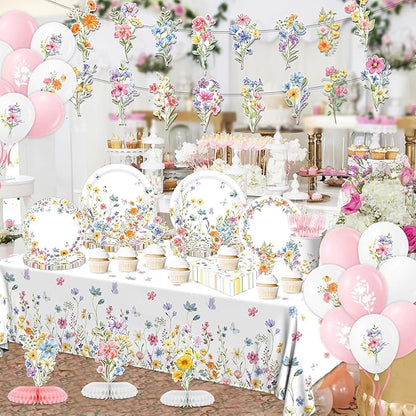 193Pcs Spring Wildflower Party Decorations Include Plates, Napkins, Cups, Balloons, Banner, Tablecloth, Cake Toppers, Honeycombs for Floral Birthday Baby Shower Party, Serve 24