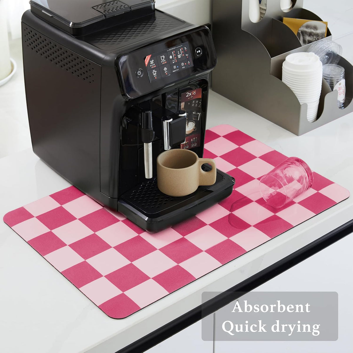 Checkered Dish Drying Mat for Kitchen Counter, Coffee Bar Station Accessories, Retro Cute Girly Pink Aesthetic Modern Absorbent Drainer Mat Kitchen Drying Mat Easy Clean, Hot Pink 16" x 24"