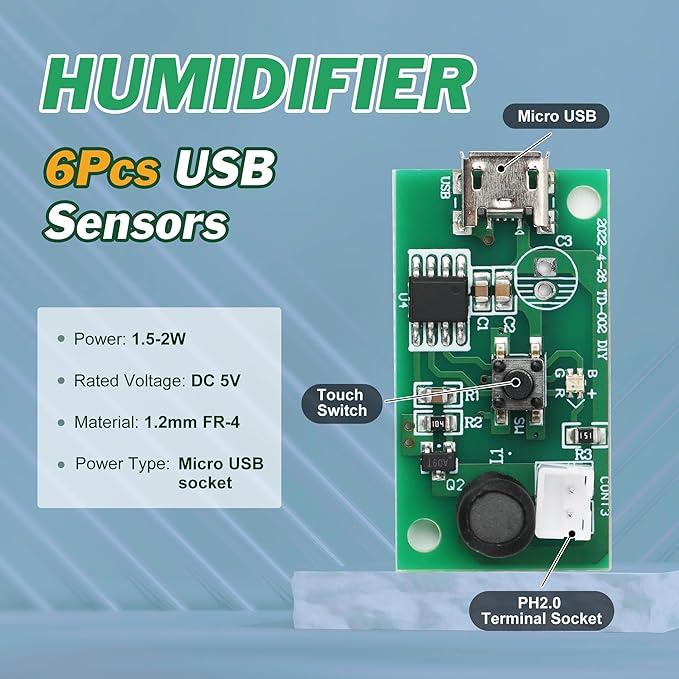 6Pcs USB Humidifier Module 5V Humidifieration Atomizer Spray Circuit Ultrasonic Humidifier Board Atomization Plate Disc Drive Board DIY Home