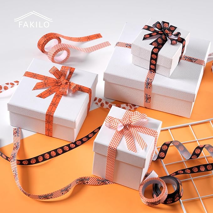 Basketball Ribbons 5 Rolls 20 Yards, 5/8" Cute Basketball Grosgrain Ribbons for Theme Party Decor Gift Wrapping Sewing Crafts Making Hair Tie Cheer Bows and Sport Team Decorations
