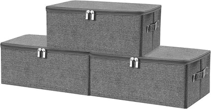 ANMINY 3PCS Storage Bins with Zipper Lids 13 Qt Lidded Fabric Storage Boxes Baskets Cubes with Handles Collapsible Washable Cotton Linen Closet Shelf Clothes Organizer Containers - Gray, Small