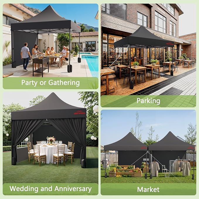 10x10 Heavy Duty Pop Up Canopy with 4 Sidewalls, 550D Commercial Easy Up Canopy Tent, Waterproof Outdoor Party Event Tent with Roller Bag, Black