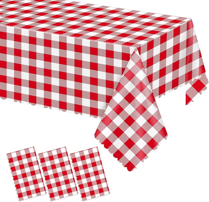 3 Pack Red and White Checkered Tablecloth, Plastic Red Gingham Table Cloth Waterproof Red Checkered Table Cover for Picnic, Banquets, Outdoor Parties 54 X 108Inch