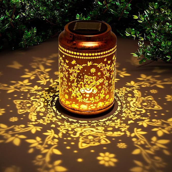 YISITEONE Cat Outdoor Solar Lanterns, Garden Waterproof Metal Hanging Decor Lights for Patio Yard Pathway Lawn Front Porch, Birthday Gardening Cat Lovers Gifts for Women Mom Grandma