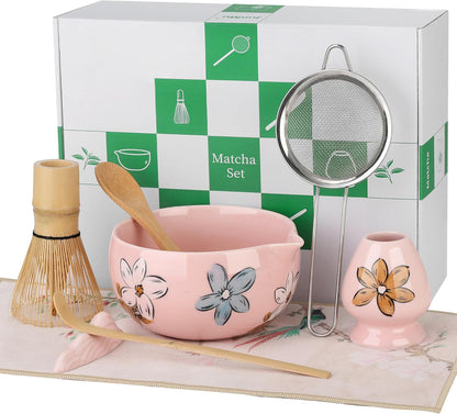 Matcha Whisk Set Pink,8pcs Matcha Set Whisk And Bowl,Matcha Kit With Bamboo Whisks,Ceramic Matcha Bowl,Sifter,Scoop,Holder,Towel,Stand,Spoon