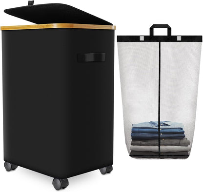 Laundry Hamper with Wheels,20 Gal (75L) Laundry Basket with lid Rolling Clothes Hamper Foldable Dirty Clothes Basket on wheels with Bamboo Frame and Bag for Bedroom, Dorm, Laundry Room-Black