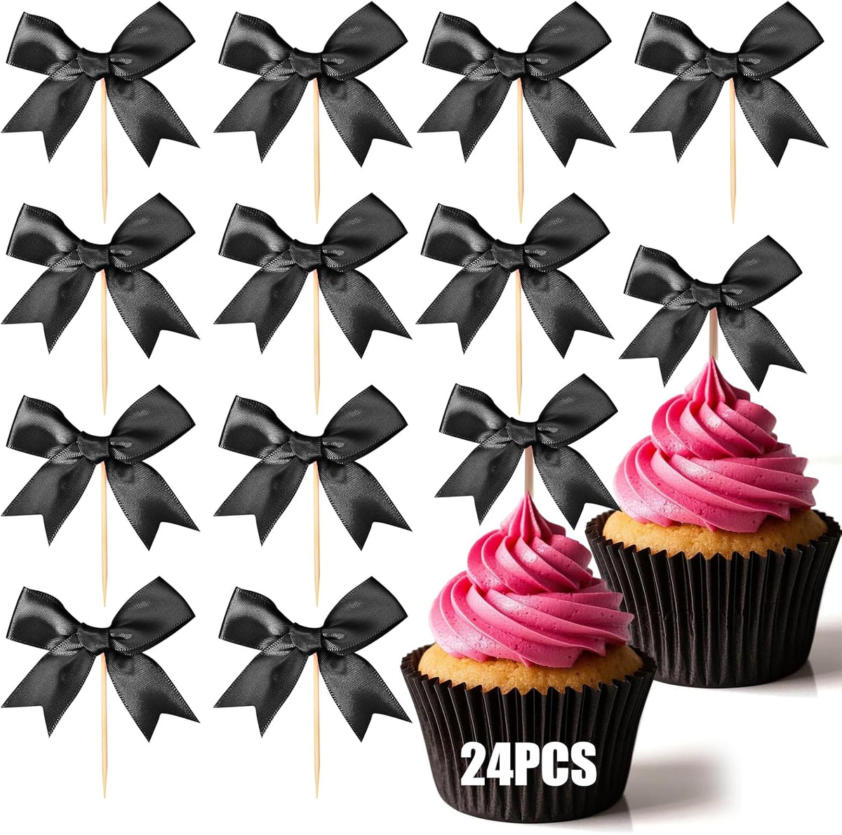 24Pcs Bow Cupcake Toppers - Black Bow Cake Topper Birthday Decorations, Bowknot Cupcake Picks for Coquette Bow Theme Party Decoration Bachelorette