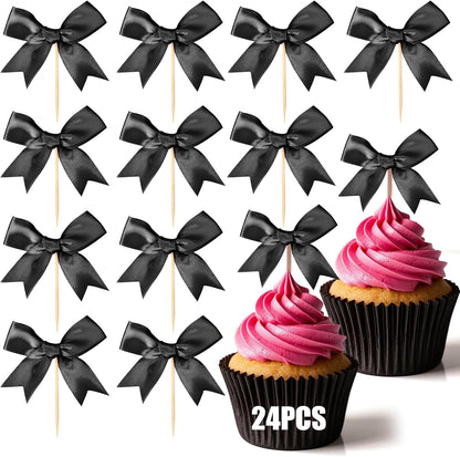 24Pcs Bow Cupcake Toppers - Black Bow Cake Topper Birthday Decorations, Bowknot Cupcake Picks for Coquette Bow Theme Party Decoration Bachelorette
