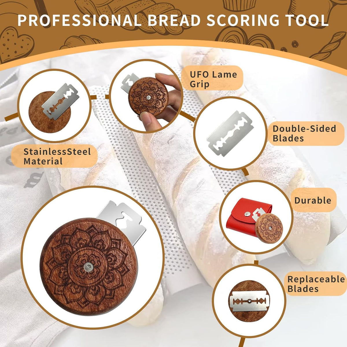 Bread Lame Sourdough Scoring Tool,Wooden Lame Bread Scoring Tool with 5 Razor Blades and Leather Storage Cover