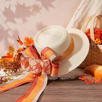 LaRibbons Fall Burlap Ribbon Wired 2 1/2" x 10 Yards 2 Rolls, Maple Leave Striped Ribbon for Autumn Wreath Thanksgiving Farm Gift Wrapping Home Decor