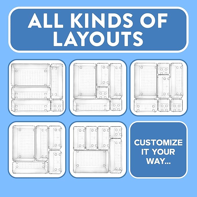 Emporio Kitchen Drawer Organizer Set - Includes 1-piece 9x6" bins, 2-piece 9x3" bins, 6-piece 6x3" Bins, 6-piece 3x3" Bins, Stackable 4 Size Storage Trays for Makeup, Kitchen, and Office, Pack of 15