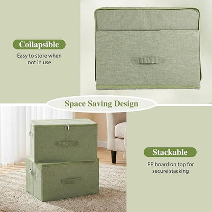 ANMINY 2PCS Storage Bins with Zipper Lids 13 Qt Lidded Fabric Storage Boxes Baskets Cubes with Handles Collapsible Washable Cotton Linen Closet Shelf Clothes Organizer Containers - Green, Small