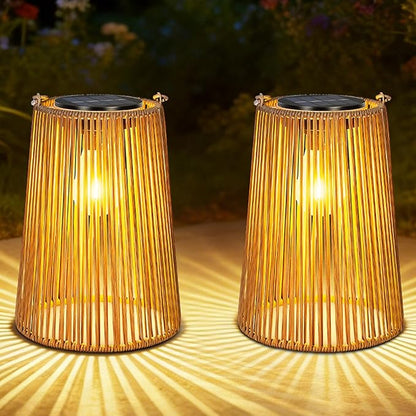 2 Pack Solar Lanterns, Outdoor Waterproof Hanging Rattan Woven Solar Lights with Auto On/Off, Decorative Gifts for Mom, Garden, Yard, Patio, Tree, Porch, Lawn, Pathway Outside Tabletop Decor