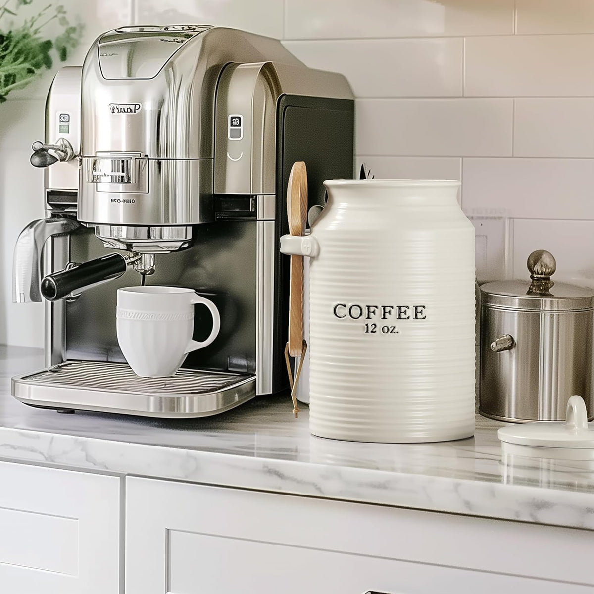 Barnyard Designs Coffee Canister for Kitchen Counter, Decorative Ceramic Coffee Container, Rustic Farmhouse Canister Jar, White (Coffee)