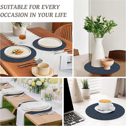 13" Round Placemats Set of 4, Reversible Faux Leather Heat Resistant Table Mats, 100% Waterproof Oilproof Wipeable Table Protective Placemats for Vinyl, Washable for Indoor (4, Navy Blue)