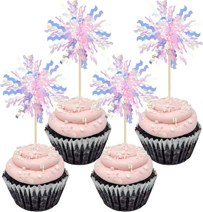Gyufise 30Pcs Foil Firework Cupcake Toppers Sparkle Tinsel Cake Toppers Tinsel Drink Cake Decoration Cocktail Picks for Birthday Wedding Graduation Party Supplies Pink
