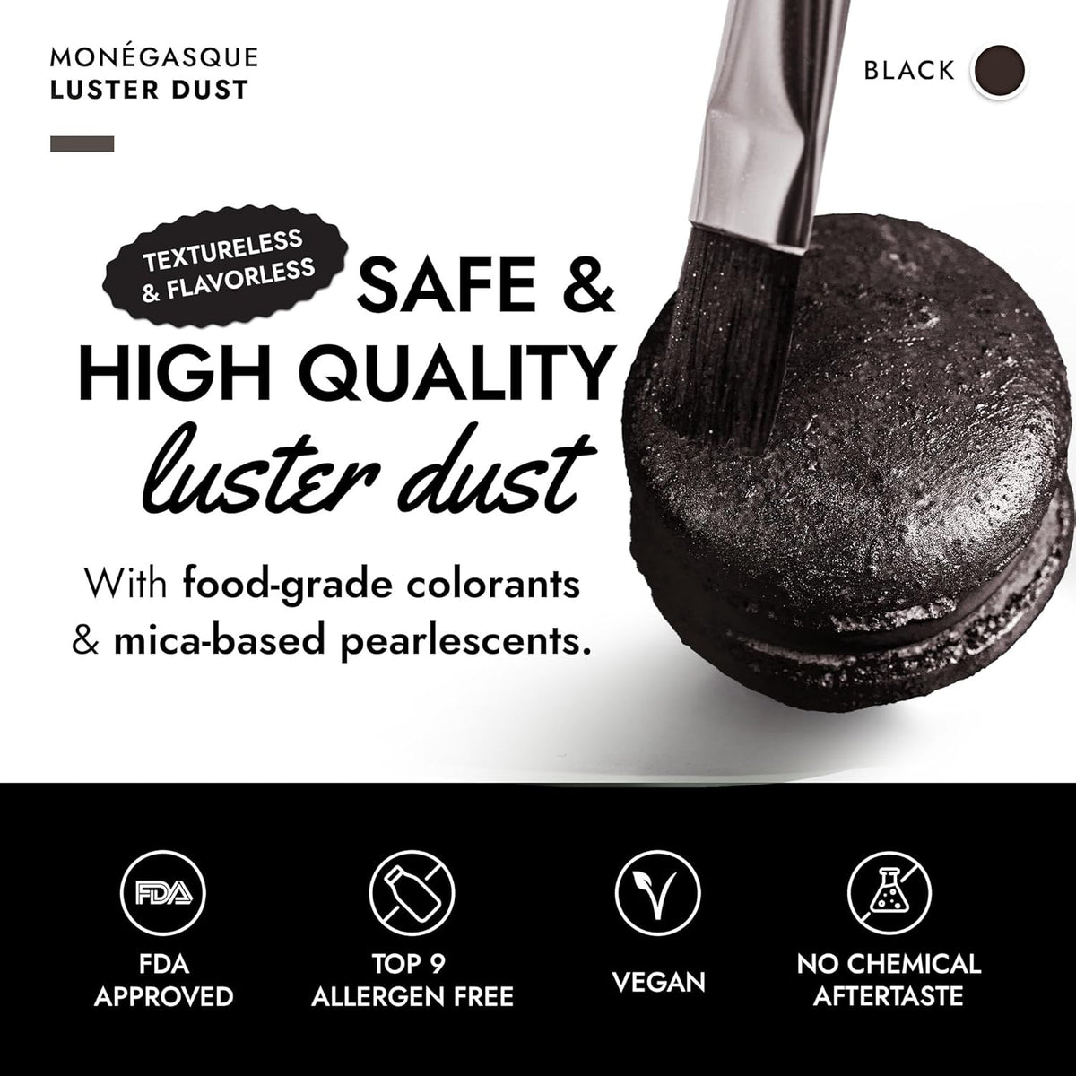 MONÉGASQUE Black Edible Glitter for Drinks 7g – Edible Glitter for Cakes & Cocktails - Black Luster Dust for Cocktail & Cake - Halloween Food Decorations, Drink, & Cake Decorating Spray Sparkles