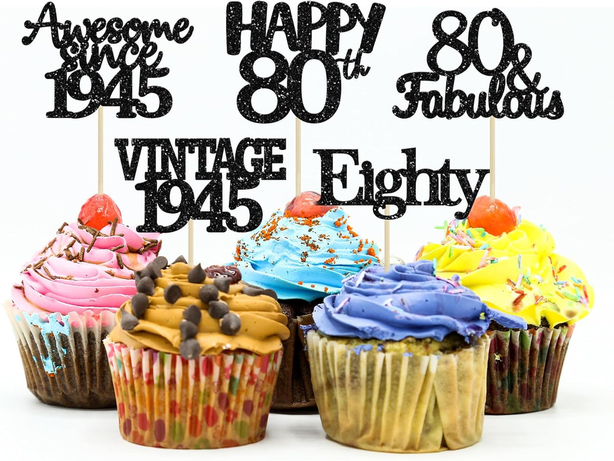 Gyufise 30 Pack Vintage 1945 Cupcake Toppers Glitter Cheers to 80 Fabulous Eighty Cupcake Picks 80th Birthday Wedding Anniversary Party Cake Decorations Supplies Black