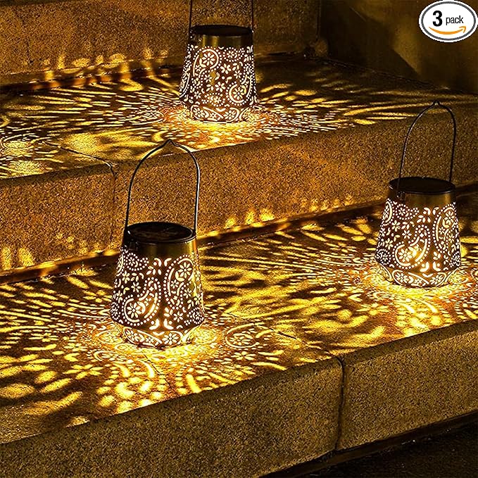 Solar Lanterns Outdoor Waterproof Hanging Solar Lantern, Retro LED Solar Powered Lantern Lights with Handle for Patio Garden Yard Pathway Lawn Porch Decor (3 Pack)