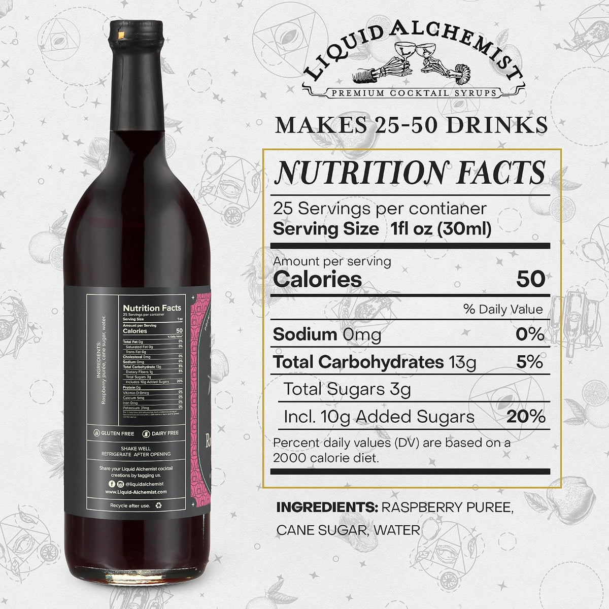 Liquid Alchemist Raspberry Syrup for Cocktails | Real Ingredients Make our Raspberry Syrup for Drinks a great Margarita Mix | Small Batch, Non-GMO &amp; Vegan | 25.4 oz Drink Mixer, Pack of 1