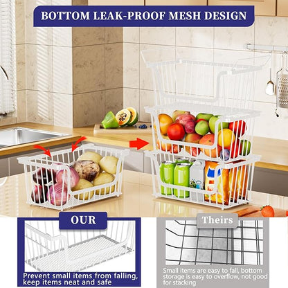 5 Pack Enhanced Leak-Proof Bottom Stackable Wire Baskets, Pantry Organizers and Storage, pantry storage，Shelf Baskets, Fruit Basket, Potato and Onion Storage Bins，(White)