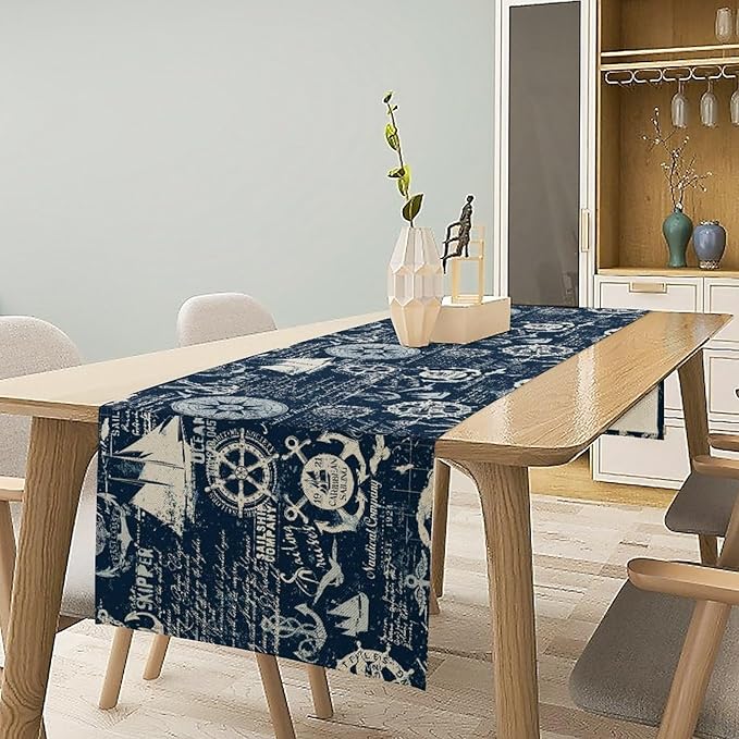 Marine Ship Table Runner, Nautical Pattern Seasonal Farmhouse Sea Rustic Kitchen Dining Table Decoration for Holiday Home Party Festival 13x36in