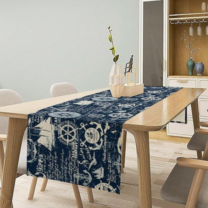 Marine Ship Table Runner, Nautical Pattern Seasonal Farmhouse Sea Rustic Kitchen Dining Table Decoration for Holiday Home Party Festival 13x36in