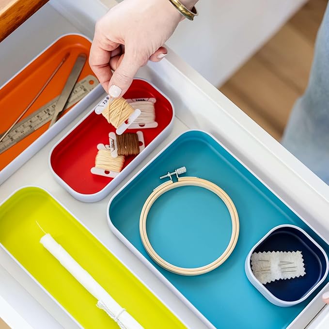 Three by Three Seattle 10 Piece Shallow Metal Organizer Tray Set for Storing Makeup, Stationery, Utensils, and More in Office Desk, Kitchen and Bathroom Drawers (1 Inch, Assorted Colors)