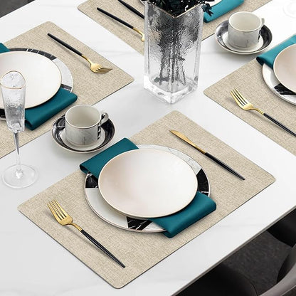 Faux Leather Heat Resistant Placemats Set of 4 – Waterproof Oilproof Wipeable Dining PU Place Mat Easy Clean Table Mats for Kitchen/Dining/Party/Holiday, Beige