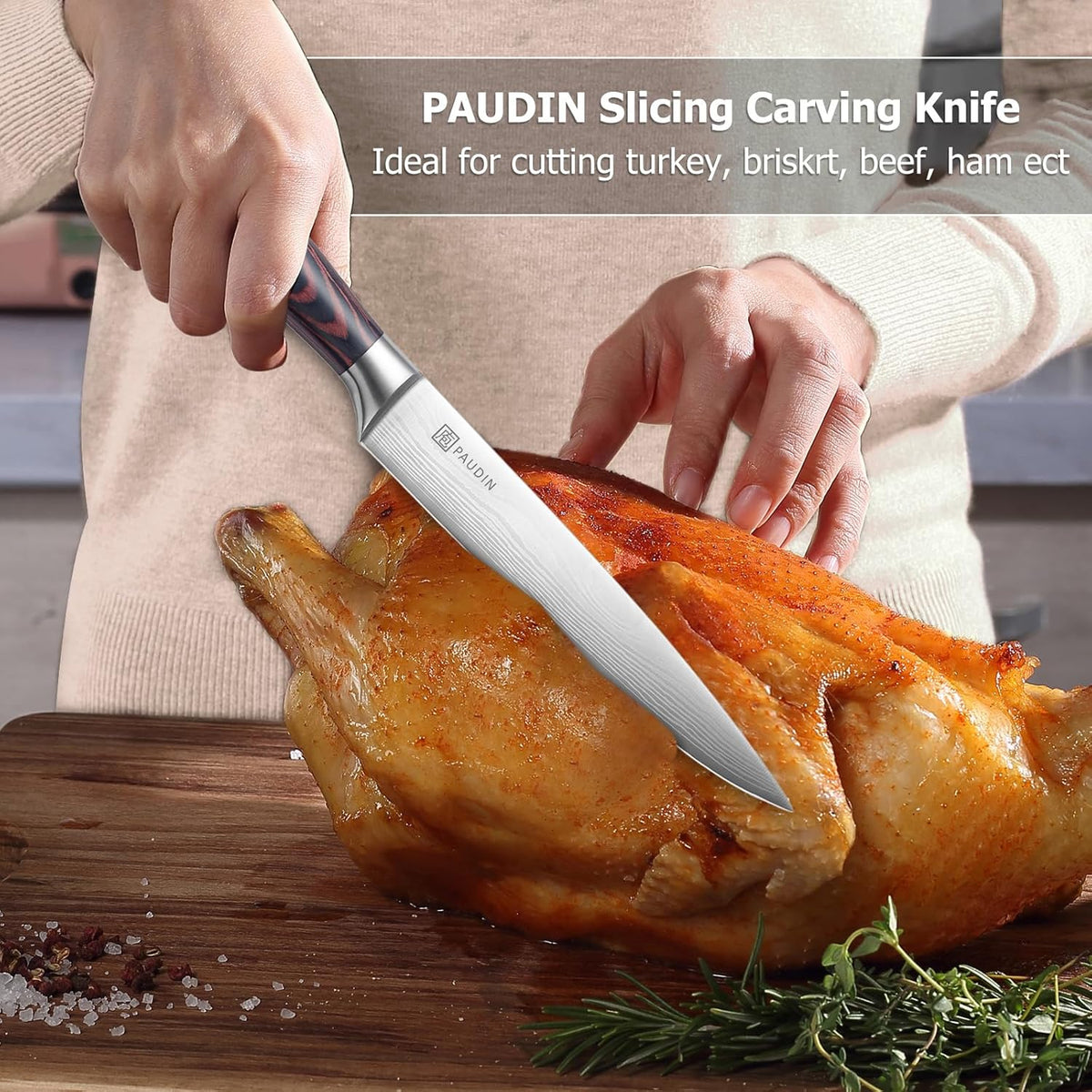 Paudin Carving Knife 8 inch, Ultra Sharp Brisket Slicing Knives, Premium Meat Cutting Knives German Stainless Steel, BBQ Knife with Ergonomic Handle