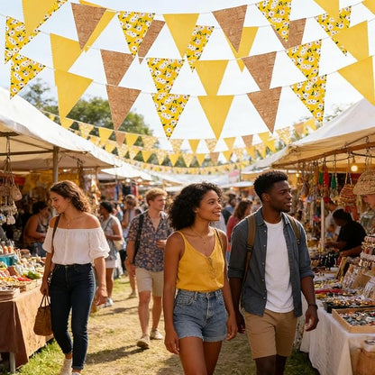 Zwiebeco 39Ft Yellow Daisy Flowers Fabric Pennant Banner Vintage Burlap Triangle Flag Retro Bunting Party Decoration for Birthday Engagement Wedding Bridal Baby Shower Rustic Village Home Garden Décor