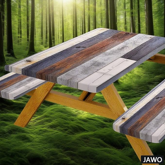 Picnic Table Cover with Bench Covers Rustic Farmhouse Waterproof Windproof Fitted Outdoor Patio Camping Rectangle Tablecloth 60x30 Inch Elastic Edges
