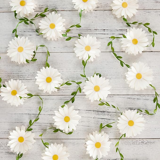 3D Daisy Flower Garland (2PCS) Flower Banner Wildflower Party Decorations Leaves Banner Paper Flower Spring Wedding Backdrop Decor