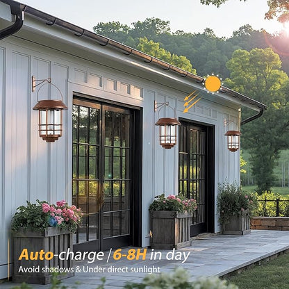 Otdair Solar Lanterns Outdoor Waterproof, 2 Pack Flickering Flames Wall Garden Decor with Glass Shade, Hanging Solar Lights Wall Mount Decorations for Halloween, Front Porch, Patio, Yard, Bronze
