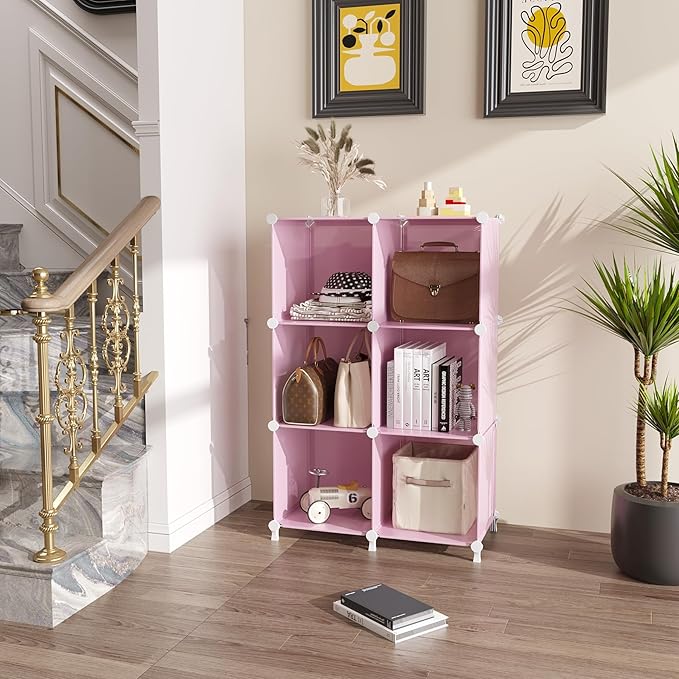 AWTATOS Cube Storage Organizer Protable Closet Organizers and Storage for Kids DIY Stackable 6 Cubes Storage Shelves Clothes Organizer for Bedroom, Home, Pink