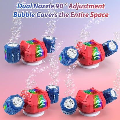 New RC Bubble Machine with RGB Lights, 360° Auto Rotation Bubbles Toy, Rechargeable Battery, Bubble Blower Maker for Kids, Parties, Birthday Gift, Weddings, Indoor Outdoor Activity, Red-Blue