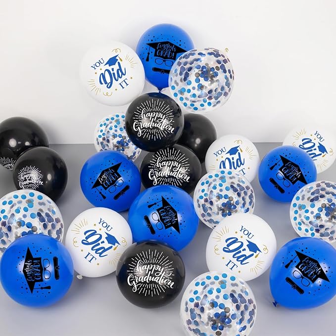 75 Pack Graduation Party Decorations Balloons Set - 12 Inch Black Blue Confetti Graduation Balloons with Ribbons for Grad Party Decoration Supplies
