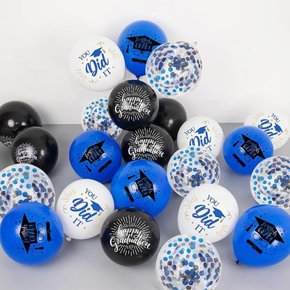 75 Pack Graduation Party Decorations Balloons Set - 12 Inch Black Blue Confetti Graduation Balloons with Ribbons for Grad Party Decoration Supplies