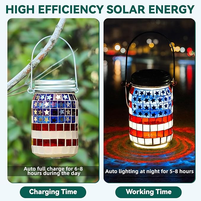 VOREEN Solar Powered Mosaic Mason Jar Lights, Colorful Stained Glass Lanterns for Outdoor Garden Decor, 2 Pack ,National Flag