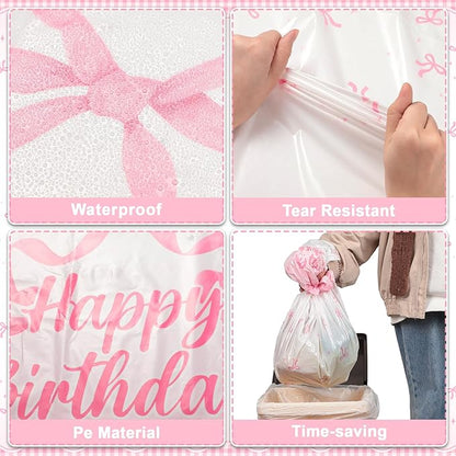 NatNarr 3 Pack Coquette Pink Bow Plastic Tablecloth, 54 X 108Inch Disposable Happy Birthday Table Cloth for Rectangle Tables Waterproof Table Cover for Girls Bridal Wedding Birthday Party